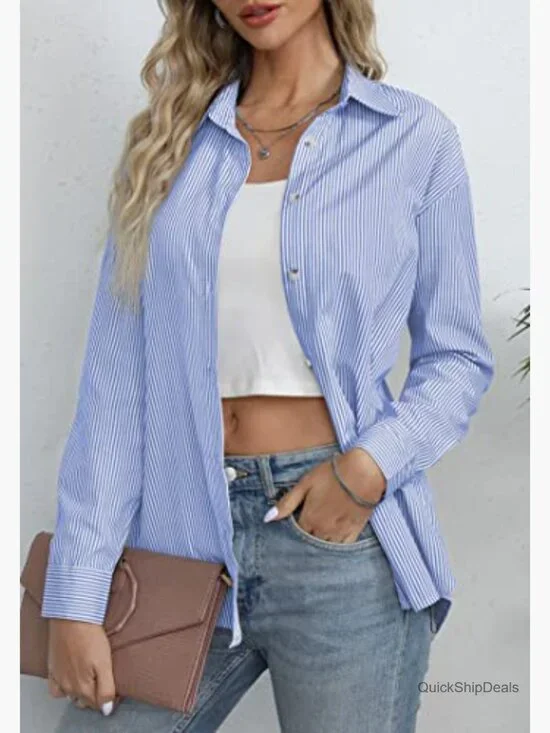 Striped Button Down Shirt Long Sleeve V-Neck Office Blouse - Picture 3 of 7